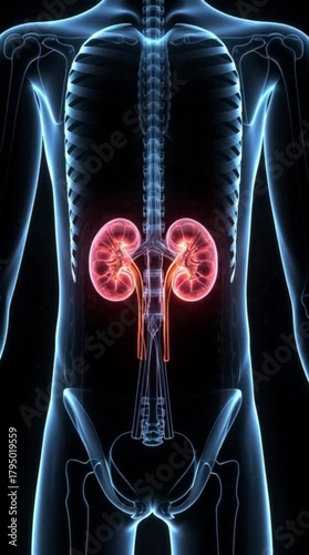 Medical illustration of human kidneys with skeleton, health and science