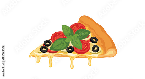 Delicious pizza slice with fresh toppings and melting cheese, perfect for a tasty meal or snack, isolated on white background.