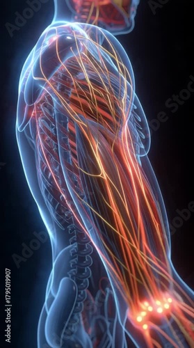 Anatomy visualization of the human body showing muscles and nervous system