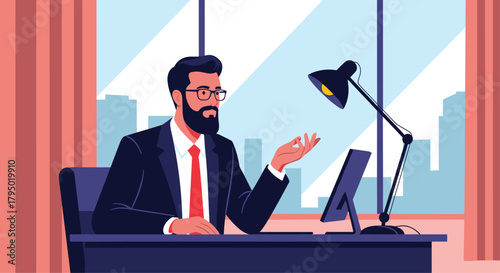 Bearded businessman in a suit gestures while working at a desk with a computer and lamp.