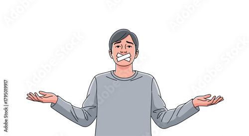Man with tape over mouth, gesturing with open hands, symbolizing silence, censorship or helplessness.