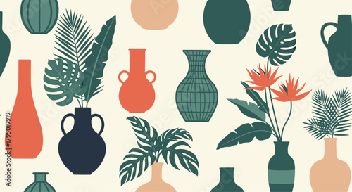 Stylish seamless pattern featuring an array of abstract vases holding tropical foliage and striking bird of paradise flowers.