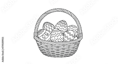 An intricately drawn Easter basket overflowing with beautifully decorated eggs, perfect for coloring and festive celebrations.