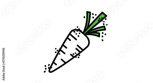 Stylized drawing of a carrot with green leafy tops, featuring thick black outlines and whimsical dots dispersed around the vegetable.
