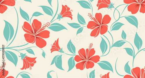 Colorful seamless floral pattern with turquoise leaves and vibrant red blossoms, soft outlines and decorative botanical details for modern surface design projects