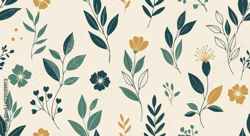 Modern seamless botanical pattern combining teal and navy leaves with minimal floral elements to create a clean decorative background for fabric and digital use