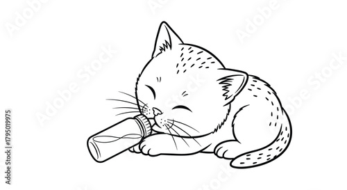 Cute black and white illustration of a baby kitten drinking milk from a bottle.