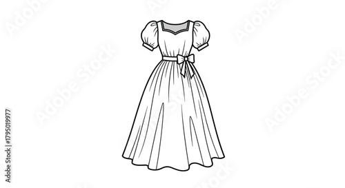 Illustration of a long, flowing dress with puff sleeves and a ribbon sash.