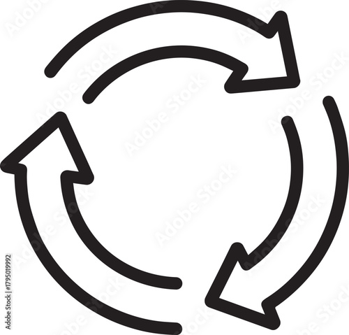 A simple black and white graphic depicting three curved arrows arranged in a circle, symbolizing recycling and continuous cycles.