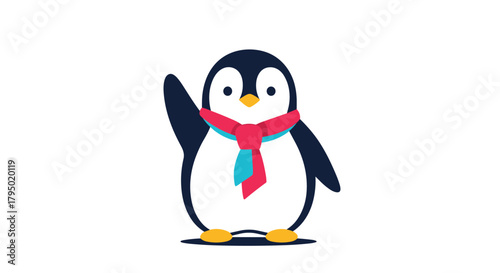 Cute cartoon penguin wearing a scarf waving its wing on a white background.