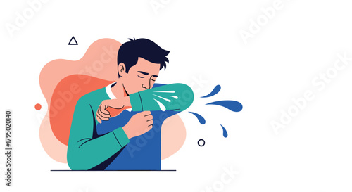 Man sneezing into his elbow to prevent spreading germs and illness.