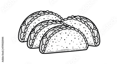Three empanadas, popular in Latin America, made with dough and various fillings, shown in a vintage woodcut illustration style.