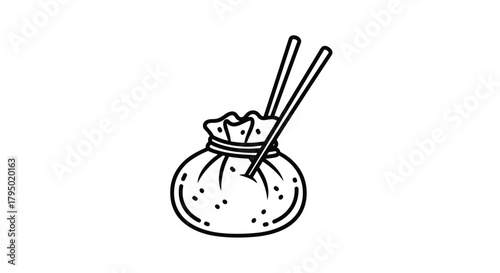 A simple drawing of a dumpling in a tied bag with two chopsticks sticking out is perfect for food-related designs.