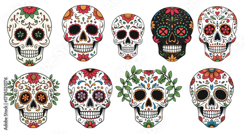 Colorful Sugar Skulls: A Collection of Decorative Calaveras for Day of the Dead Celebrations.