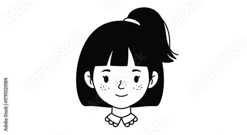 A simple, black and white vector illustration of a friendly young girl with a bob cut, bangs, ponytail, and freckles smiling brightly.