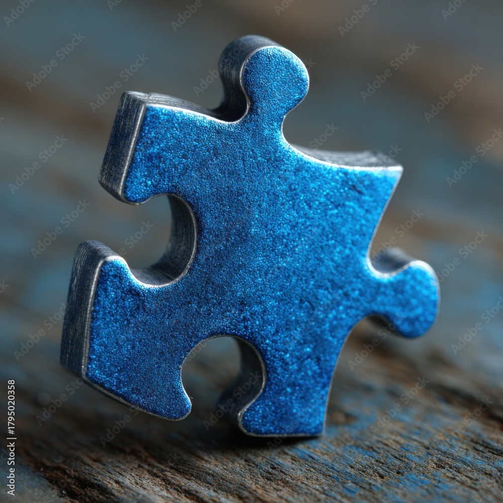 Fototapeta premium Single blue puzzle piece on textured wood