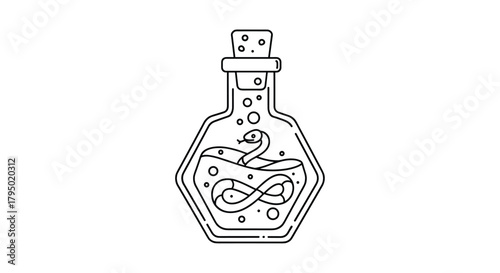Minimalist line art illustration featuring a snake coiled within a hexagonal glass bottle with a cork and scattered bubbles.