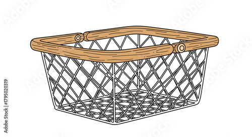 A charming wire basket with a wooden handle offers a rustic touch, ideal for storage, picnics, or decorative purposes.