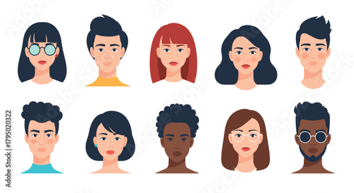 Collection of diverse cartoon avatars with various hairstyles and skin tones.