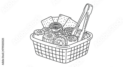 A picnic basket filled with assorted snacks, including crackers, sushi rolls, and a tin of food, perfect for an outdoor gathering or meal.