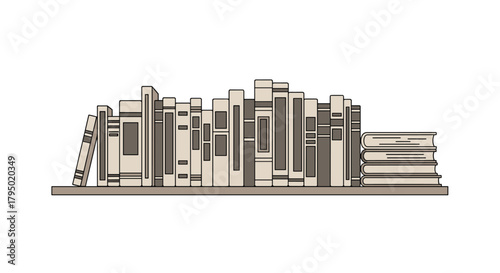 A minimalist illustration of a bookshelf filled with various hardcover books of different sizes and designs, resting on a shelf with a white background.