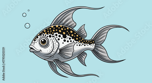 A charming illustration of a unique spotted fish with flowing fins swimming in light blue water with air bubbles.