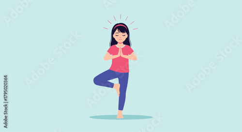 A woman in a pink shirt and blue leggings is performing the tree pose in yoga, radiating a sense of calm and well-being.