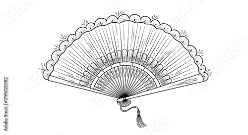 Elegant hand-drawn illustration of a decorative folding fan with tassel, perfect for design and decor projects.