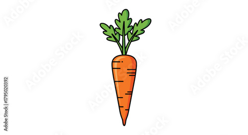 Cartoon carrot with green leafy top and tapered root is depicted against a plain white backdrop in a simple vector illustration style.