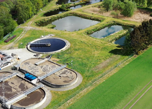 Aerial view of a sewage treatment plant actively treating wastewater for hygiene and environmental protection