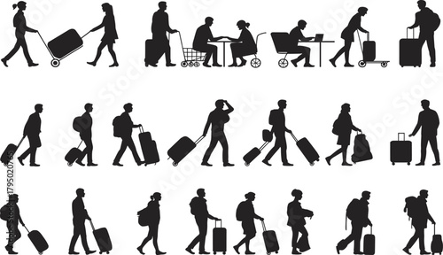 Traveler silhouette, airport activity, black graphic, vector illustration, luggage movement, walking pose, transit gesture, travel icon, public space, interactionTraveler silhouette,