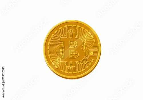 A golden Bitcoin coin, featuring the "B" symbol, is centered against a plain white background.