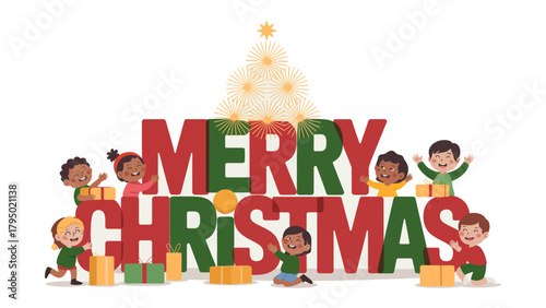 Christmas Cheer: Joyful children gather around the words Merry Christmas, embodying the spirit of the season. A festive tree adorned with glowing lights stands tall, surrounded by wrapped gifts.
