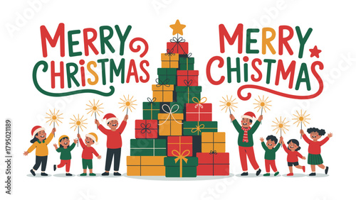 Festive Cheer: A joyful family celebrates the holiday season with sparklers, Christmas gifts, Christmas tree and colorful typography that fill the frame with festive glee. 