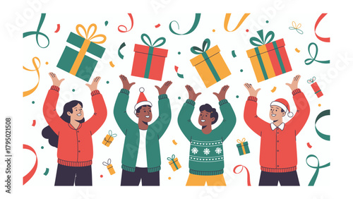 Holiday Celebration: Joyous individuals gather, playfully tossing festively wrapped gifts into the air amidst a flurry of colorful confetti and joyful streamers, embodies the spirit of celebration.
