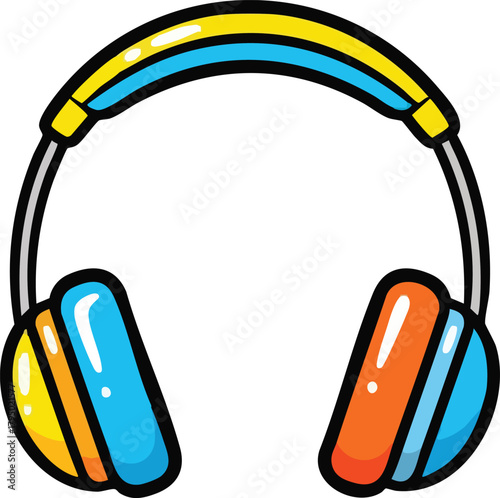 Pixel Art Headphones Yellow Blue Orange On White Background With Reflections