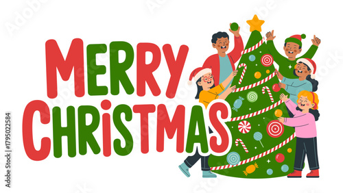 Joyful Christmas Scene: A group of children are gathered around a decorated Christmas tree, each adding ornaments and decorations in joyful anticipation.