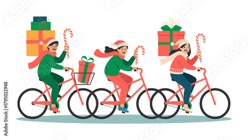 Festive Cycle of Cheer: Three friends merrily pedal their bikes, adorned with holiday treats and wrapped gifts, spreading Christmas cheer.