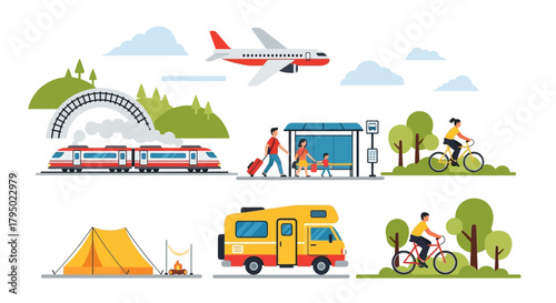 Diverse Transportation Methods and Outdoor Activities Illustrated