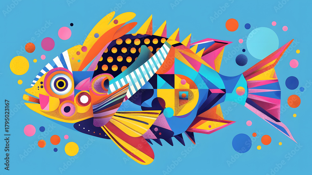 Fototapeta premium Cartoon Tropical Fish flat vibrant colors geometric