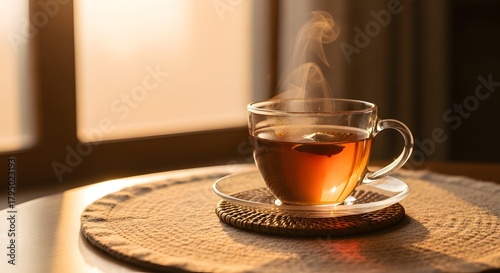 Steaming cup of tea bathed in warm sunlight by a window