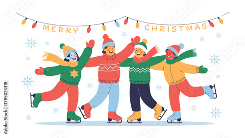 Ice Skating Christmas: Friends create memorable moments, skating on a pristine ice rink. Decorated with festive lights and the spirit of the season, It's capturing the joy and togetherness of winter.