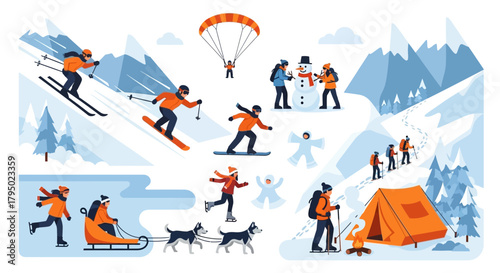 Diverse Winter Activities and Mountain Adventures Illustrated Scene
