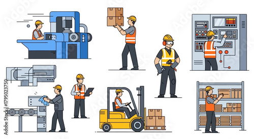 Factory Workers in Safety Gear Performing Various Industrial Tasks, Vector Illustration