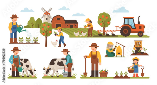 Farmers Working on a Farm with Various Agricultural Activities