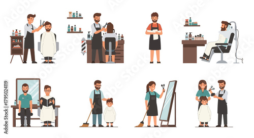Flat design barbershop and hair salon scenes, cartoon characters getting haircuts, washing hair, and waiting, professional grooming services.