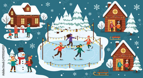 Festive winter village scene with people ice skating and building snowmen, surrounded by snow-covered houses and trees, flat illustration style.