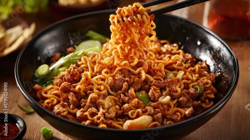 Spicy, savory noodles in a bowl