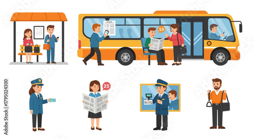 Flat design illustrations of diverse people commuting, waiting at bus stops, riding public transport, and staff characters