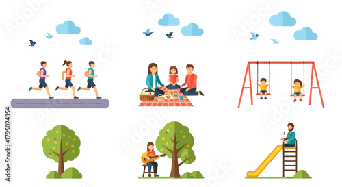 Flat design illustrations of people enjoying various outdoor activities and nature scenes